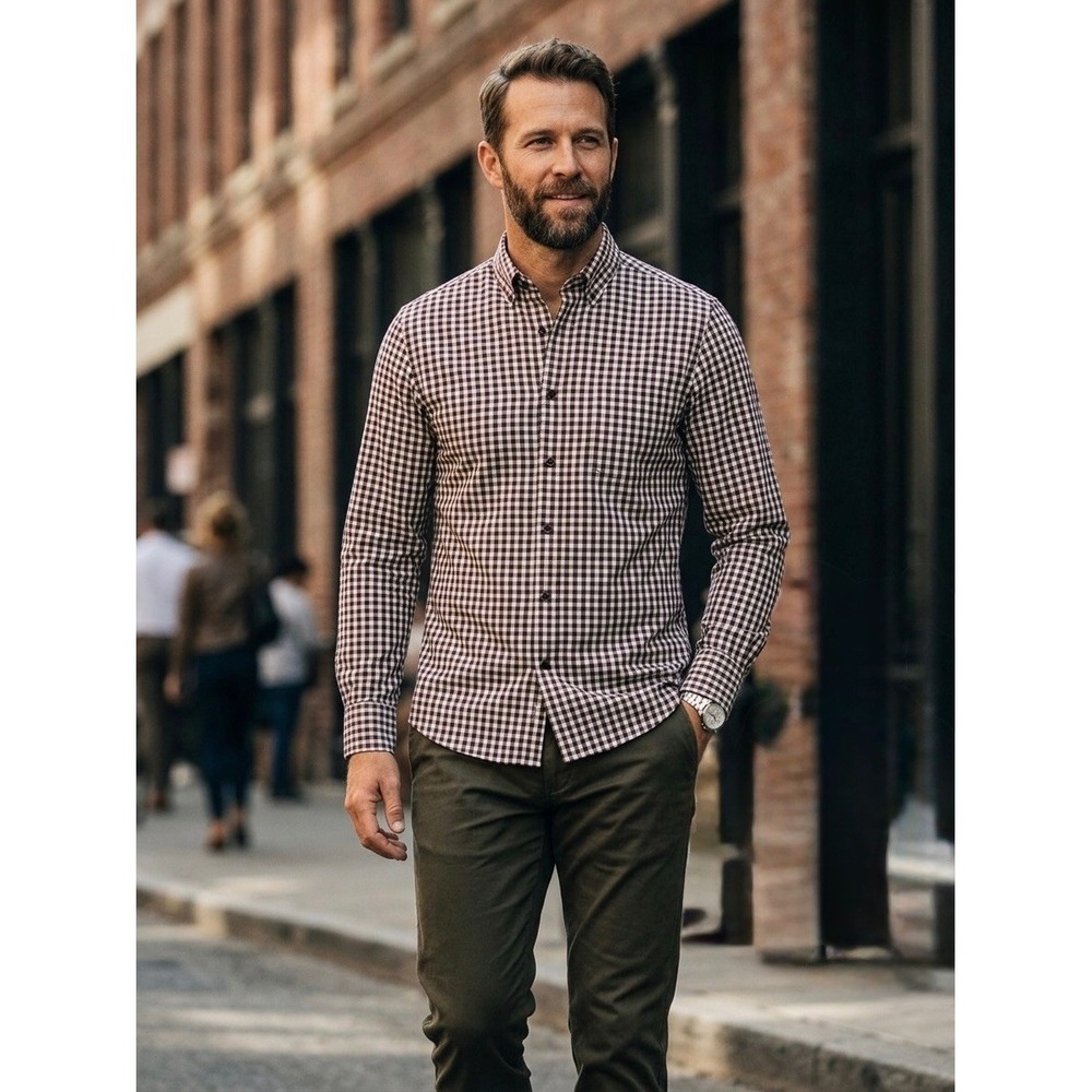 Taylor Stitch Mens Custom Tailored Gingham Button Down Shirt Burgundy White USA